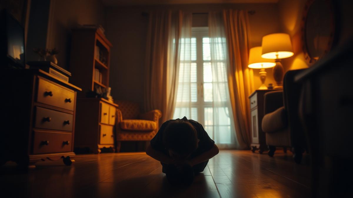 Remolino de energía dorada y oscura girando dentro de una habitación vacía
