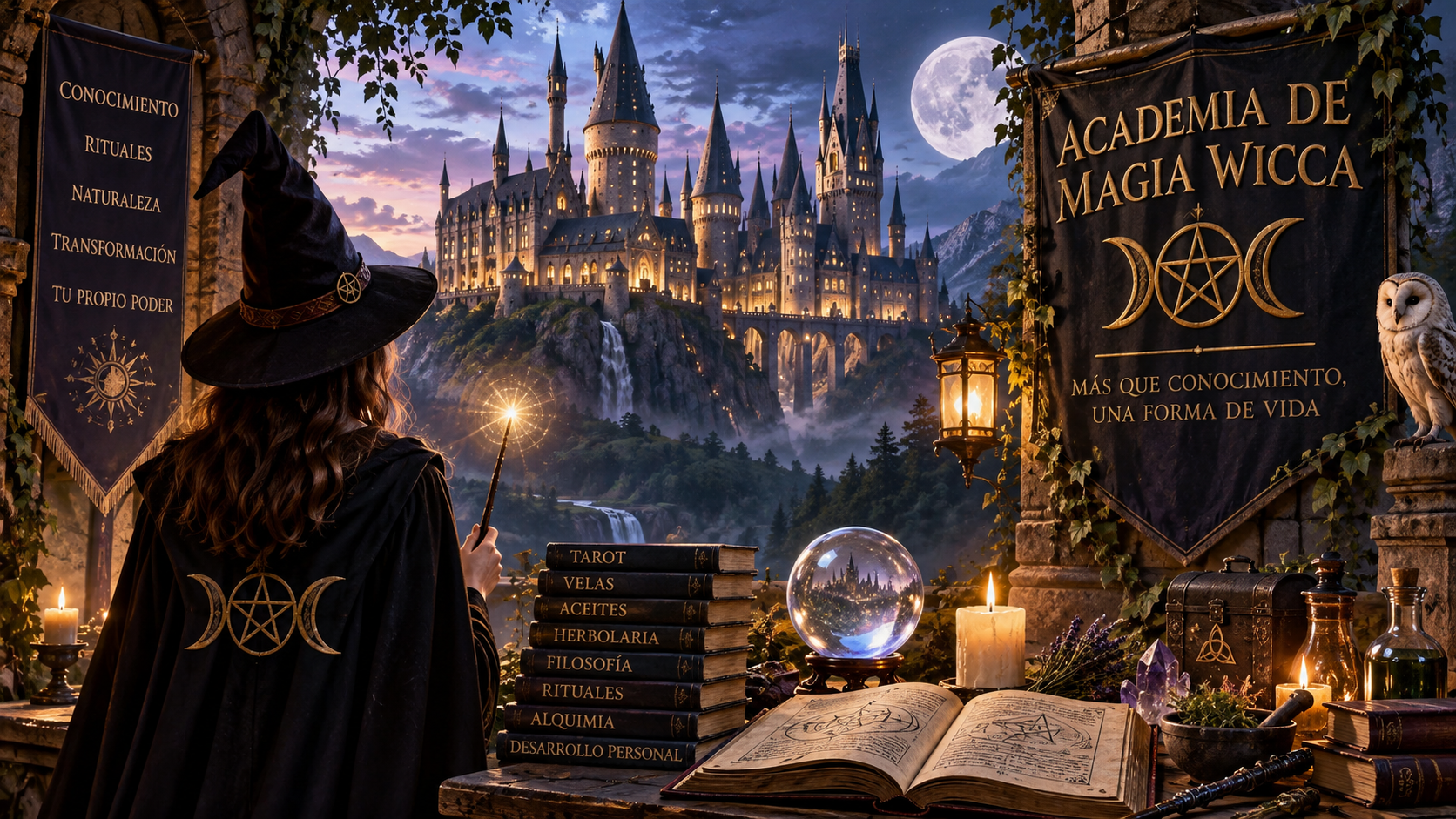Academia de Magia Wicca iluminada bajo la luna con una aprendiz, libros y velas