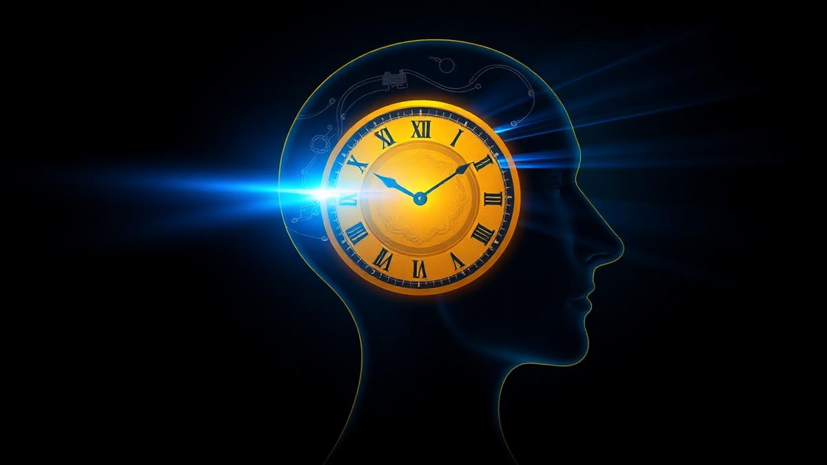 Perfil humano con un reloj dorado luminoso en el cerebro y un haz de luz azul entrando por el ojo