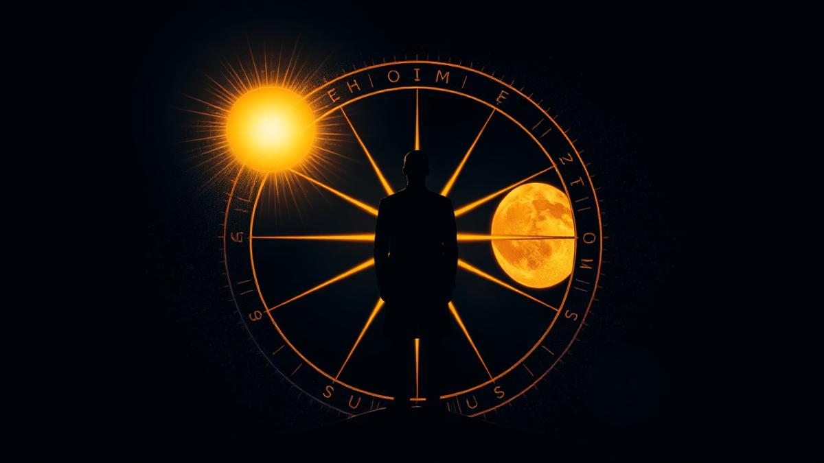 Silueta humana entre un sol brillante y una luna dentro de una rueda zodiacal dorada