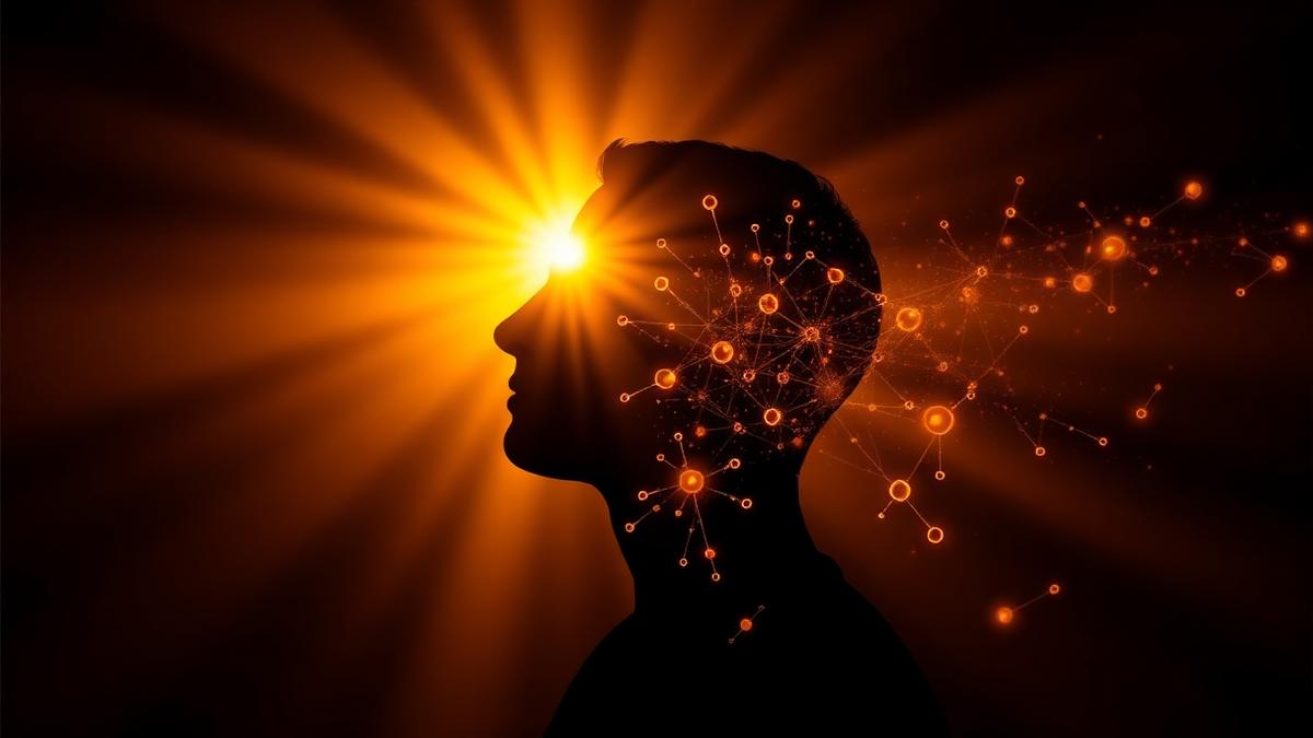 Silueta humana iluminada por un amanecer dorado con una red luminosa de moléculas