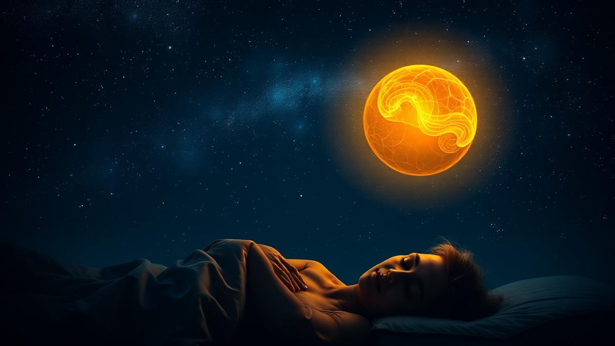 Esfera dorada luminosa que representa la glándula pineal sobre una persona dormida bajo un cielo estrellado
